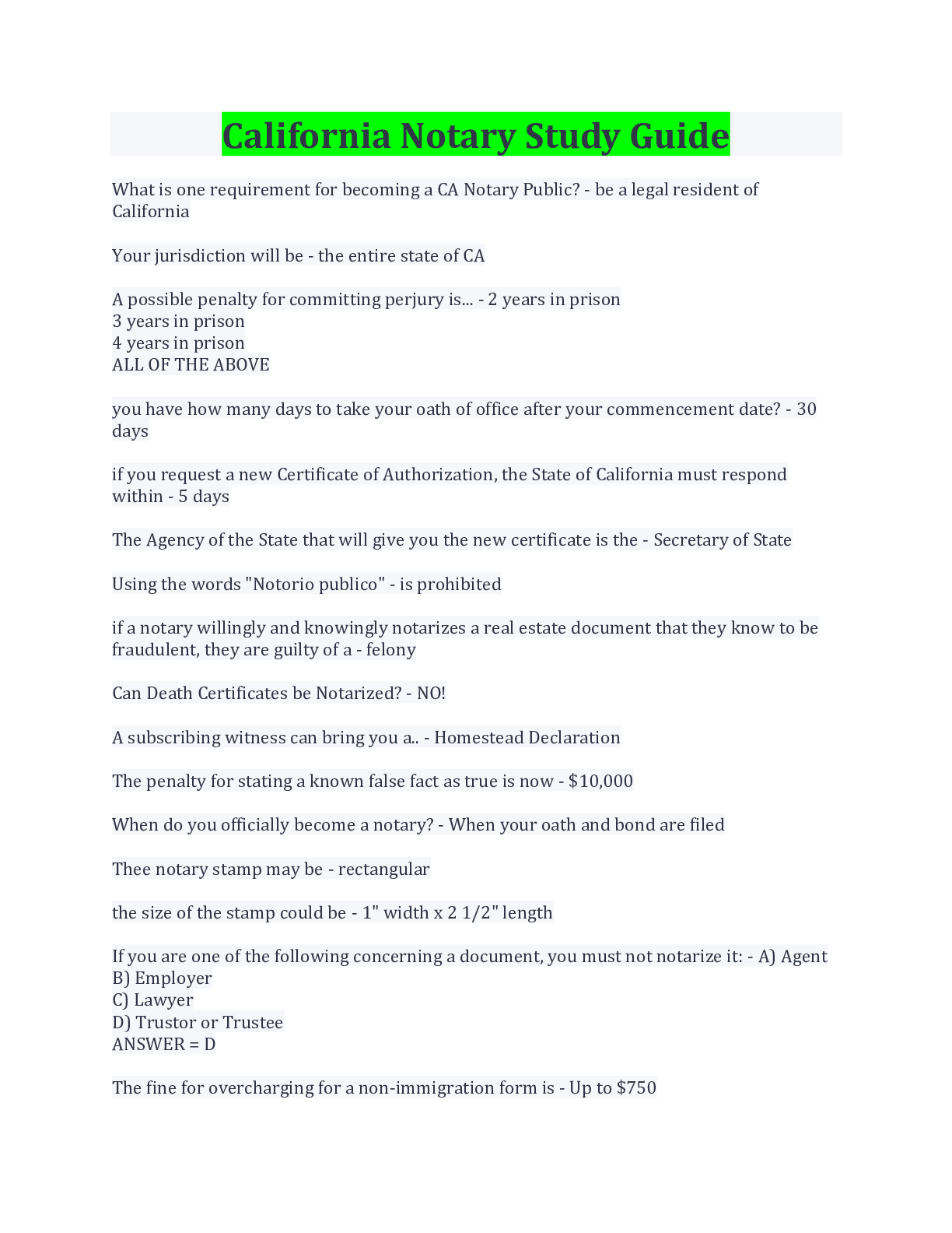 Preview image of California Notary Study Guide Latest Update document